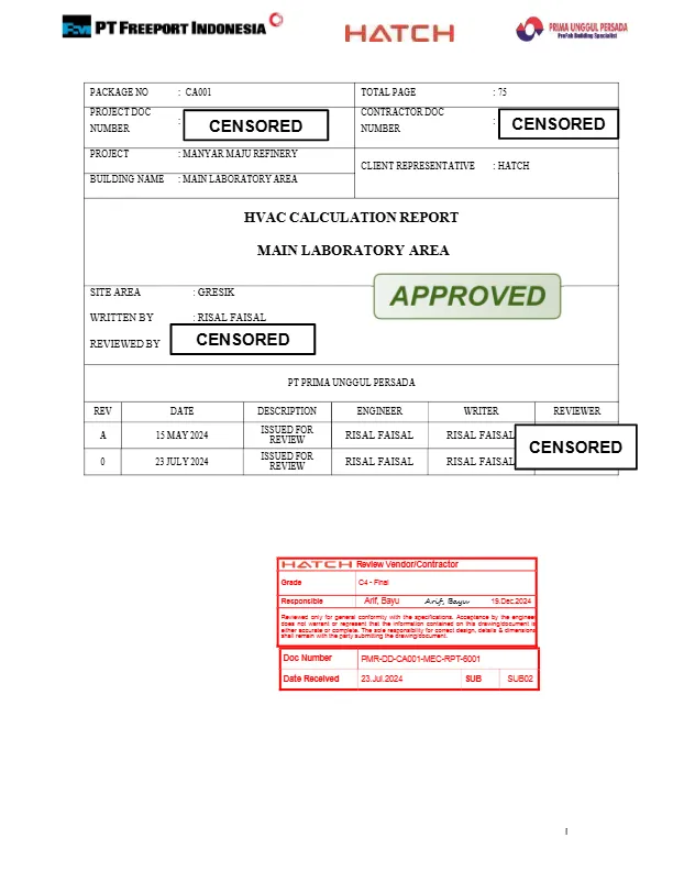 Risal Faisal melakukan perhitungan sistem HVAC pada Main Laboratory Area proyek Manyar Maju Refinery