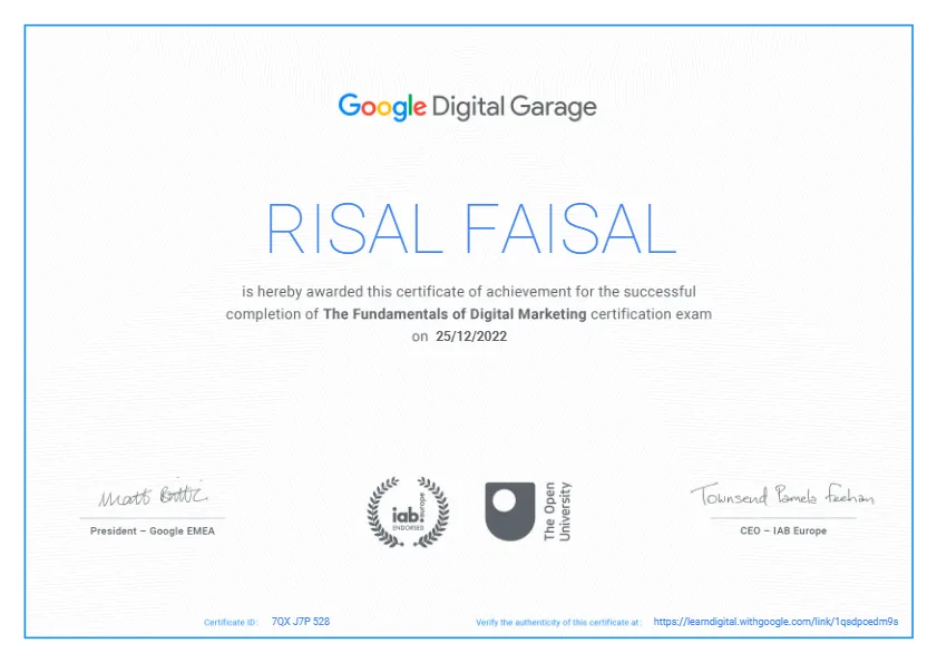 RISAL FAISAL - SERTIFIKAT GOOGLE DIGITAL MARKETING